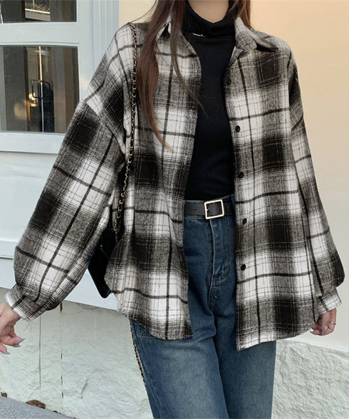 ビエラ起毛チェックシャツ 厚手ネルシャツ レディース ゆったりシャツジャケット 長袖チュニックシャツ ドロップショルダー春秋ライトアウター レトロ シャツアウター 92TINGWAN-001