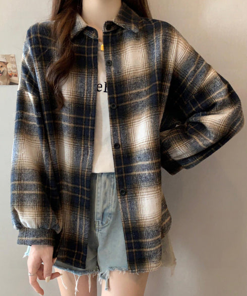 ビエラ起毛チェックシャツ 厚手ネルシャツ レディース ゆったりシャツジャケット 長袖チュニックシャツ ドロップショルダー春秋ライトアウター レトロ シャツアウター 92TINGWAN-001