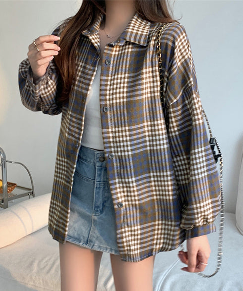 ビエラ起毛チェックシャツ 厚手ネルシャツ レディース ゆったりシャツジャケット 長袖チュニックシャツ ドロップショルダー春秋ライトアウター レトロ シャツアウター 92TINGWAN-001