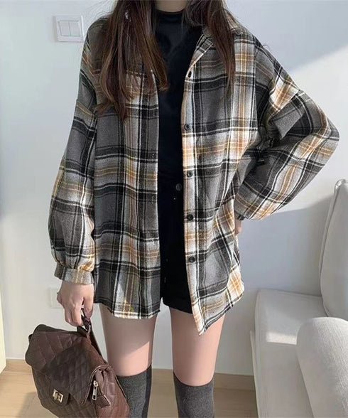 ビエラ起毛チェックシャツ 厚手ネルシャツ レディース ゆったりシャツジャケット 長袖チュニックシャツ ドロップショルダー春秋ライトアウター レトロ シャツアウター 92TINGWAN-001
