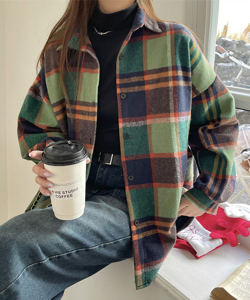 ビエラ起毛チェックシャツ 厚手ネルシャツ レディース ゆったりシャツジャケット 長袖チュニックシャツ ドロップショルダー春秋ライトアウター レトロ シャツアウター 92TINGWAN-001