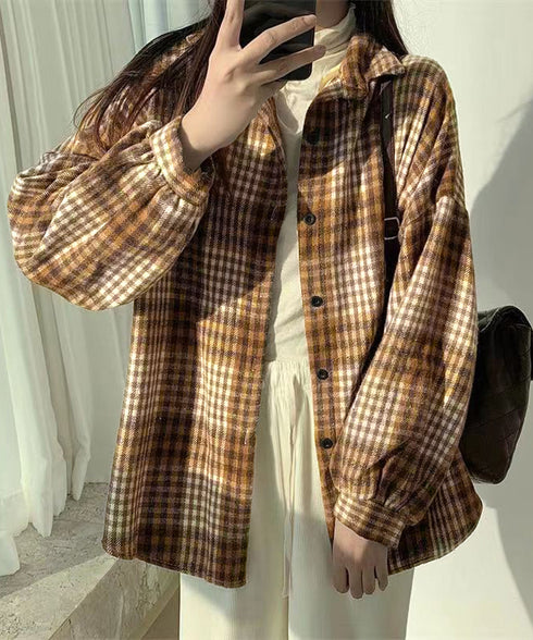 ビエラ起毛チェックシャツ 厚手ネルシャツ レディース ゆったりシャツジャケット 長袖チュニックシャツ ドロップショルダー春秋ライトアウター レトロ シャツアウター 92TINGWAN-001
