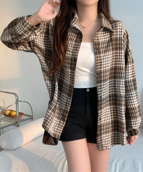 ビエラ起毛チェックシャツ 厚手ネルシャツ レディース ゆったりシャツジャケット 長袖チュニックシャツ ドロップショルダー春秋ライトアウター レトロ シャツアウター 92TINGWAN-001