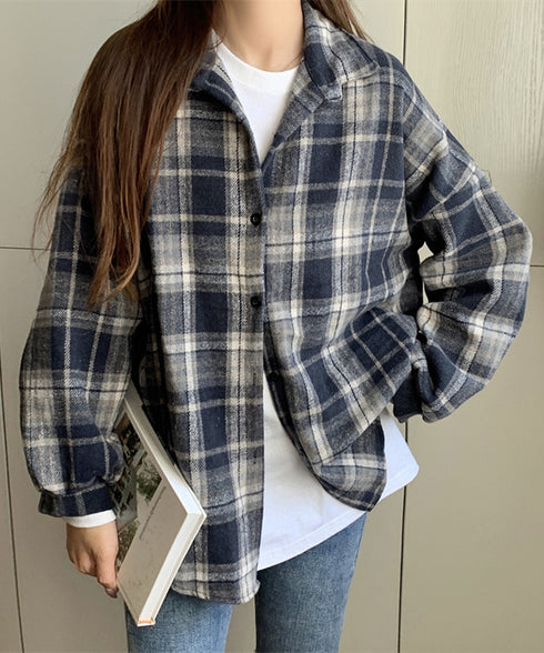 ビエラ起毛チェックシャツ 厚手ネルシャツ レディース ゆったりシャツジャケット 長袖チュニックシャツ ドロップショルダー春秋ライトアウター レトロ シャツアウター 92TINGWAN-001