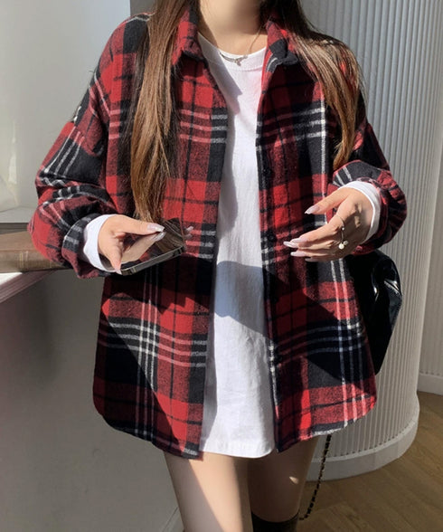 ビエラ起毛チェックシャツ 厚手ネルシャツ レディース ゆったりシャツジャケット 長袖チュニックシャツ ドロップショルダー春秋ライトアウター レトロ シャツアウター 92TINGWAN-001