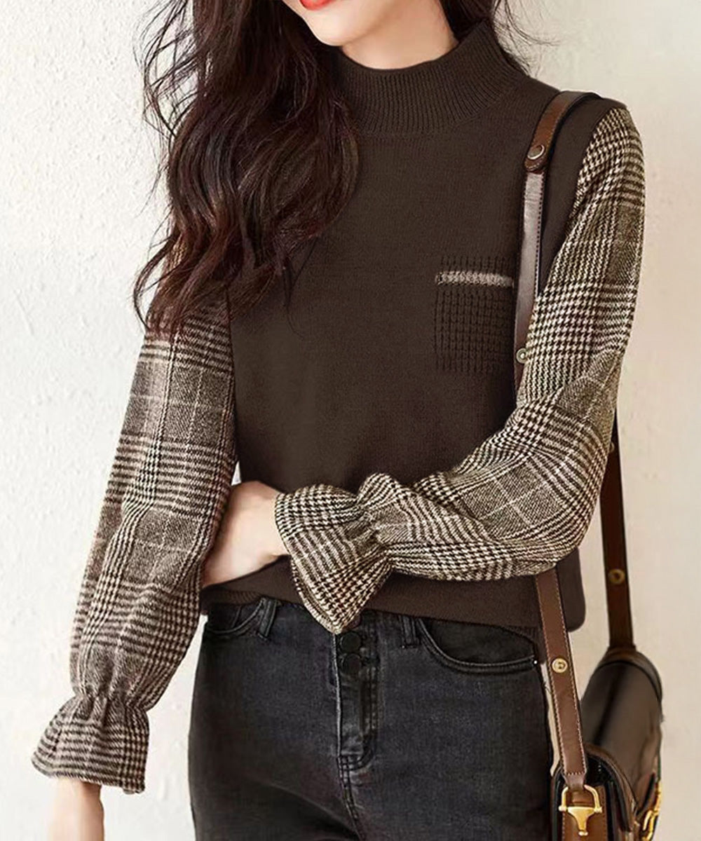 チェック柄ドッキングニットレディース秋服 ブラウン
