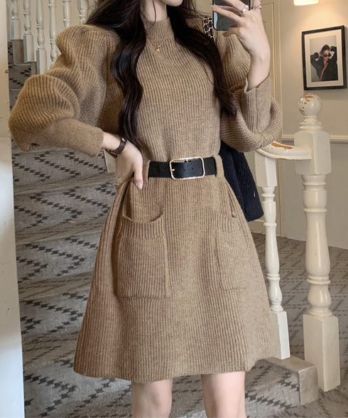 ベルト付きニットワンピースウエストマーク 韓国風ミニ丈リブワンピースレディース ポケット付きAラインワンピ ゆったりフェミニンチュニックワンピ秋冬長袖 大人可愛い 92XAYTFS-002