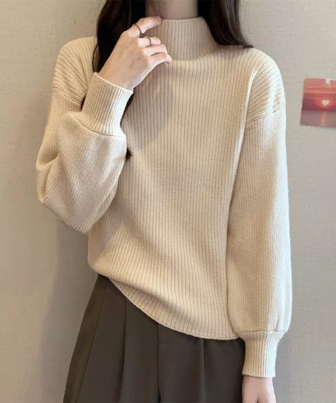 韓国風リブニットトップスハイネックニット 長袖ニットセーターランタンスリーブ 柔らかいニットソー暖かい チクチクしないニットプルオーバー 無地インナートップス秋冬 92XAYTFS-003