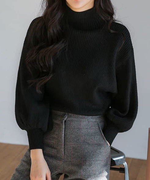 韓国風リブニットトップスハイネックニット 長袖ニットセーターランタンスリーブ 柔らかいニットソー暖かい チクチクしないニットプルオーバー 無地インナートップス秋冬 92XAYTFS-003