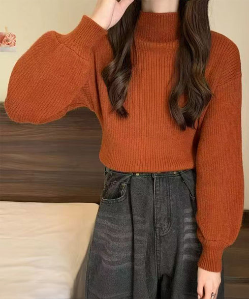 韓国風リブニットトップスハイネックニット 長袖ニットセーターランタンスリーブ 柔らかいニットソー暖かい チクチクしないニットプルオーバー 無地インナートップス秋冬 92XAYTFS-003