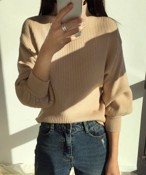 韓国風リブニットトップスハイネックニット 長袖ニットセーターランタンスリーブ 柔らかいニットソー暖かい チクチクしないニットプルオーバー 無地インナートップス秋冬 92XAYTFS-003