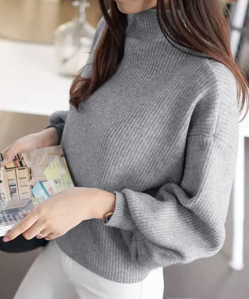 韓国風リブニットトップスハイネックニット 長袖ニットセーターランタンスリーブ 柔らかいニットソー暖かい チクチクしないニットプルオーバー 無地インナートップス秋冬 92XAYTFS-003