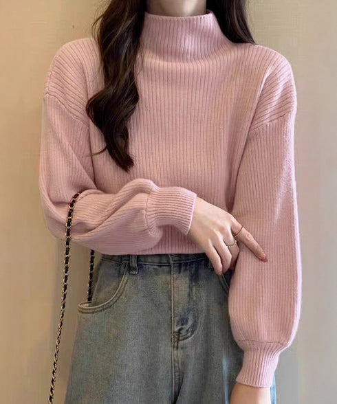 韓国風リブニットトップスハイネックニット 長袖ニットセーターランタンスリーブ 柔らかいニットソー暖かい チクチクしないニットプルオーバー 無地インナートップス秋冬 92XAYTFS-003