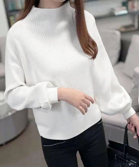 韓国風リブニットトップスハイネックニット 長袖ニットセーターランタンスリーブ 柔らかいニットソー暖かい チクチクしないニットプルオーバー 無地インナートップス秋冬 92XAYTFS-003
