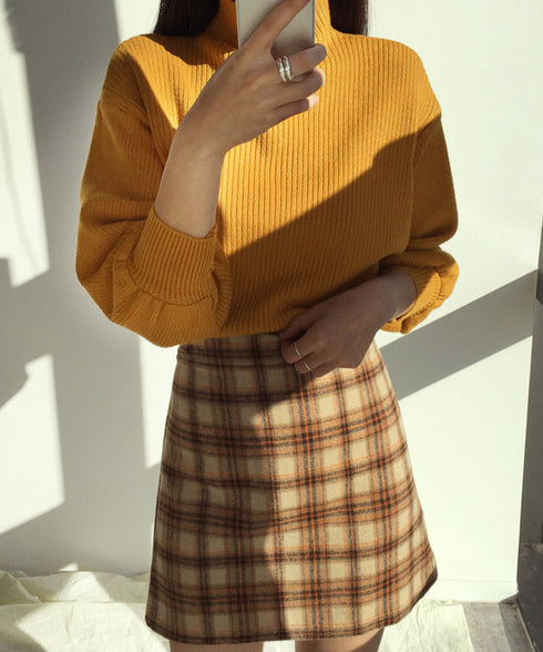 韓国風リブニットトップスハイネックニット 長袖ニットセーターランタンスリーブ 柔らかいニットソー暖かい チクチクしないニットプルオーバー 無地インナートップス秋冬 92XAYTFS-003