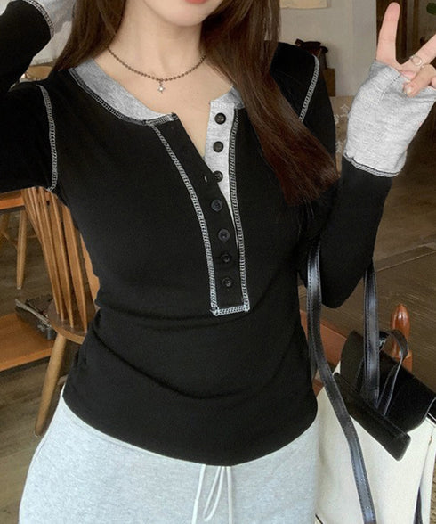 配色ヘンリーシャツハーフボタンカットソー レディース バイカラーヘンリーネックTシャツ レイヤード風リブトップス 長袖タイトtシャツ シンプル細見え着回しトップス 92XHJ-001