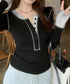 配色ヘンリーシャツハーフボタンカットソー レディース バイカラーヘンリーネックTシャツ レイヤード風リブトップス 長袖タイトtシャツ シンプル細見え着回しトップス 92XHJ-001