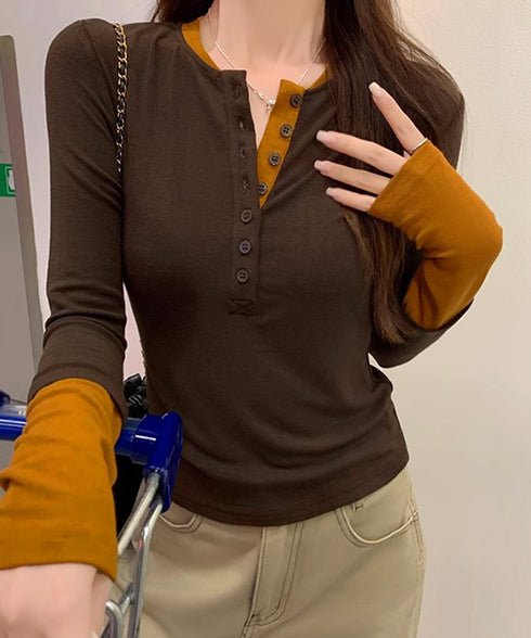 配色ヘンリーシャツハーフボタンカットソー レディース バイカラーヘンリーネックTシャツ レイヤード風リブトップス 長袖タイトtシャツ シンプル細見え着回しトップス 92XHJ-001