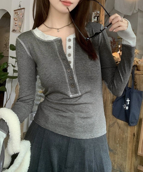配色ヘンリーシャツハーフボタンカットソー レディース バイカラーヘンリーネックTシャツ レイヤード風リブトップス 長袖タイトtシャツ シンプル細見え着回しトップス 92XHJ-001