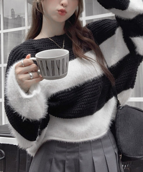 ワイドボーター シャギーニットレディース 大人可愛いボーダーニットトップス 長袖 ゆったりニットセーター 着やせ 柔らかいニットプルオーバー ショートニット春秋冬 92XIANGTAI-001