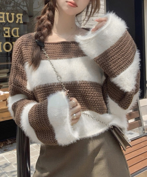 ワイドボーター シャギーニットレディース 大人可愛いボーダーニットトップス 長袖 ゆったりニットセーター 着やせ 柔らかいニットプルオーバー ショートニット春秋冬 92XIANGTAI-001