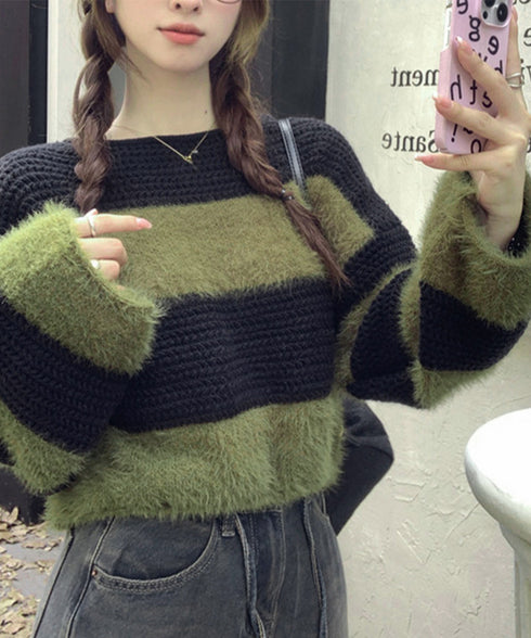 ワイドボーター シャギーニットレディース 大人可愛いボーダーニットトップス 長袖 ゆったりニットセーター 着やせ 柔らかいニットプルオーバー ショートニット春秋冬 92XIANGTAI-001