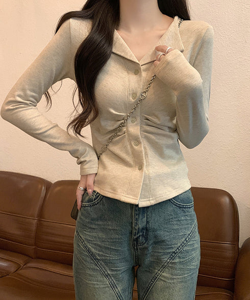 オープンカラーフロントギャザートップス 大人カジュアル 襟付きトップス着やせ レディース 可愛いフロントボタン リブ編みカットソー ショート丈細見えTシャツ秋冬 92XIYIN-001