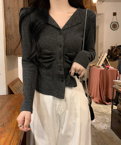 オープンカラーフロントギャザートップス 大人カジュアル 襟付きトップス着やせ レディース 可愛いフロントボタン リブ編みカットソー ショート丈細見えTシャツ秋冬 92XIYIN-001