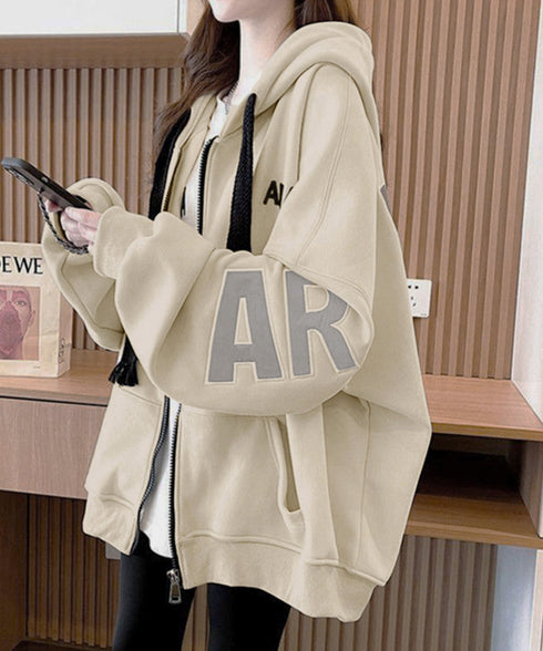 韓国風フード付きジップパーカーレディース ゆったりオーバーサイズトレーナー 前開きジップアップ長袖トップス フーディー 体型カバーライトアウター10代20代30代 92YGLMY-001