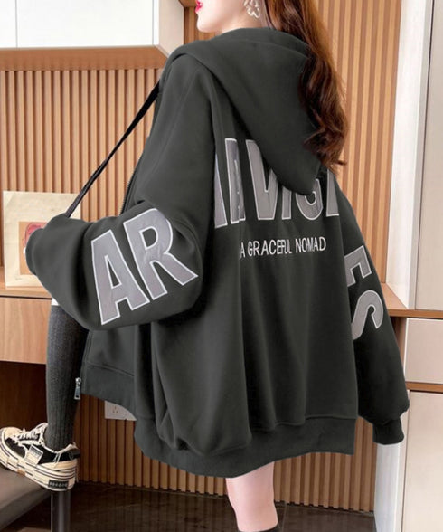 韓国風フード付きジップパーカーレディース ゆったりオーバーサイズトレーナー 前開きジップアップ長袖トップス フーディー 体型カバーライトアウター10代20代30代 92YGLMY-001