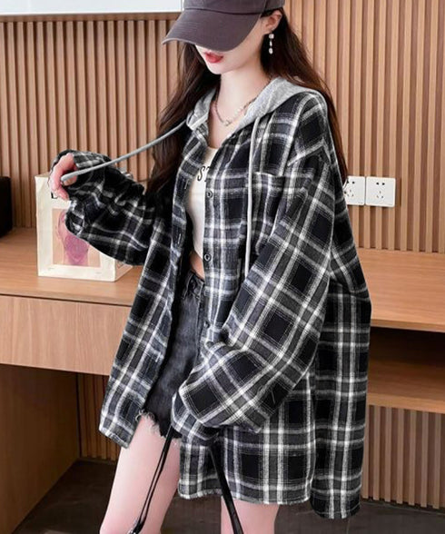 チェック柄フーデッドシャツレディース秋冬 微起毛切替BIGフードシャツ オーバーサイズシャツジャケット ヴィンテージ チェックシャツ ゆったり ネルシャツアウター 92YGLMY-002