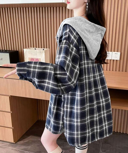チェック柄フーデッドシャツレディース秋冬 微起毛切替BIGフードシャツ オーバーサイズシャツジャケット ヴィンテージ チェックシャツ ゆったり ネルシャツアウター 92YGLMY-002