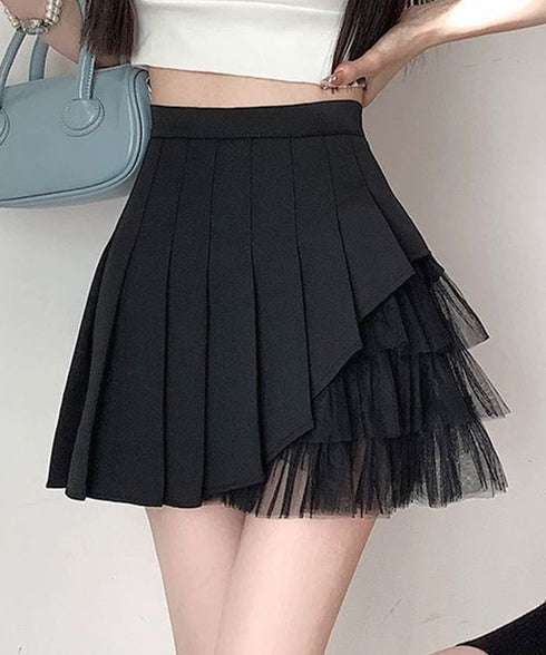 プリーツミニスカートチュール切替スカート レディース ハイウエストチュールスカート レイヤード風 Aラインスカートインナーパンツ付き 美脚脚長 ショート丈スカート 92YGYG-001