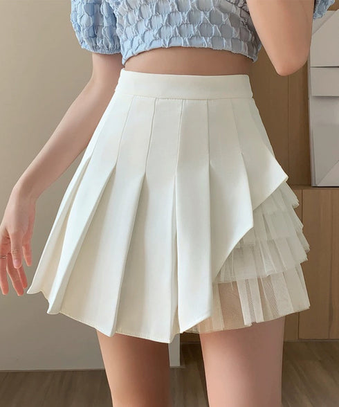 プリーツミニスカートチュール切替スカート レディース ハイウエストチュールスカート レイヤード風 Aラインスカートインナーパンツ付き 美脚脚長 ショート丈スカート 92YGYG-001
