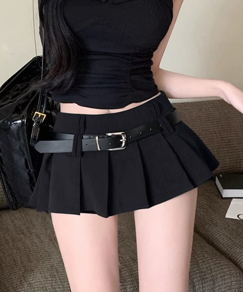 超ミニスカートベルト付きプリーツスカート インナーパンツ付きJKスカート ハイウエストセクシーコスプレAラインスカート ミニスカパン制服風美脚脚長マイクロスカート 92YIQINGYA-001