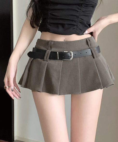 超ミニスカートベルト付きプリーツスカート インナーパンツ付きJKスカート ハイウエストセクシーコスプレAラインスカート ミニスカパン制服風美脚脚長マイクロスカート 92YIQINGYA-001