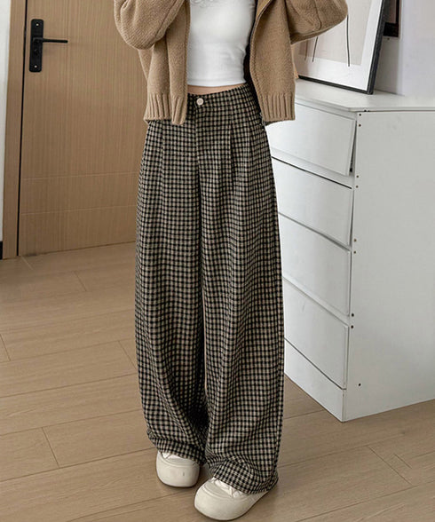 チェック柄ワイドパンツハイウエスト 秋冬 大人可愛い ストレートパンツ 体型カバー レディース フルレングスズボン 微起毛ロングパンツ レトロ風タックパンツ中厚手 92YYFS-001