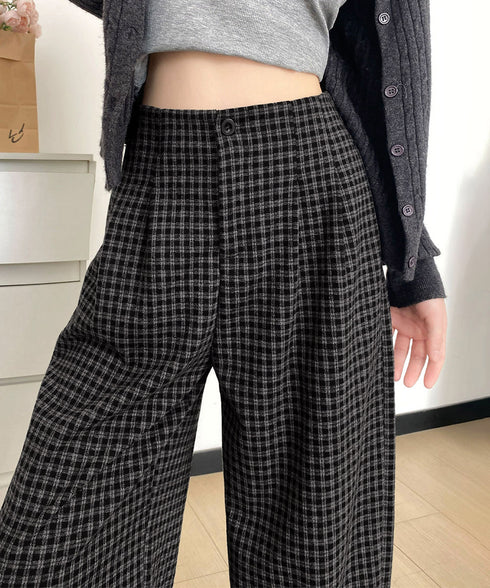 チェック柄ワイドパンツハイウエスト 秋冬 大人可愛い ストレートパンツ 体型カバー レディース フルレングスズボン 微起毛ロングパンツ レトロ風タックパンツ中厚手 92YYFS-001