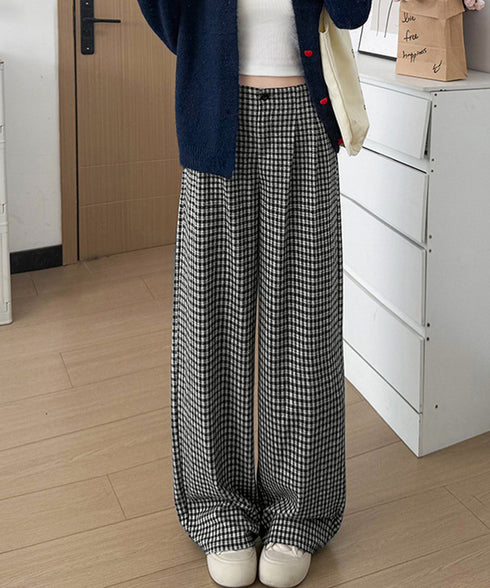 チェック柄ワイドパンツハイウエスト 秋冬 大人可愛い ストレートパンツ 体型カバー レディース フルレングスズボン 微起毛ロングパンツ レトロ風タックパンツ中厚手 92YYFS-001