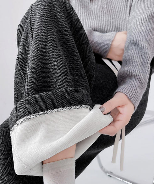 ヘリンボーン柄ワイドパンツレディース美脚 ハイウエストストレートパンツ 裏起毛ノーマル2タイプ ウエストゴムリラックスパンツ ポケット付き楽ちんイージーパンツ秋冬 92ZBB-001