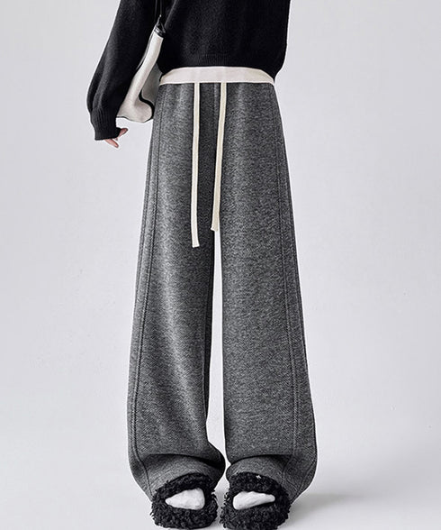 ヘリンボーン柄ワイドパンツレディース美脚 ハイウエストストレートパンツ 裏起毛ノーマル2タイプ ウエストゴムリラックスパンツ ポケット付き楽ちんイージーパンツ秋冬 92ZBB-001
