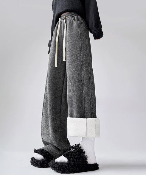 ヘリンボーン柄ワイドパンツレディース美脚 ハイウエストストレートパンツ 裏起毛ノーマル2タイプ ウエストゴムリラックスパンツ ポケット付き楽ちんイージーパンツ秋冬 92ZBB-001