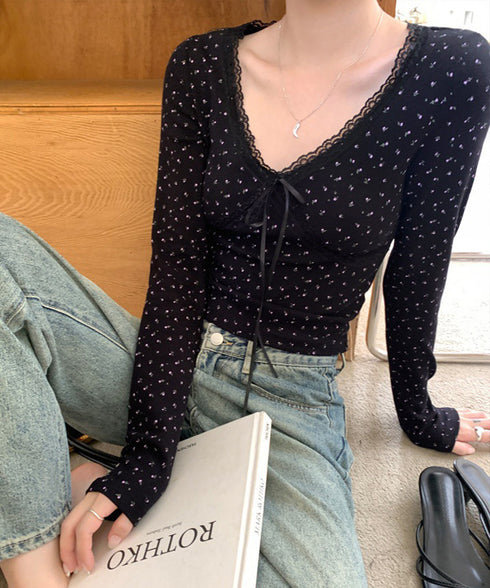 カップ付きトップス レディース Vネック ショート丈インナートップス 小花柄と無地 リブTシャツ おしゃれ 細見えトップス 可愛い肌着 レースリボントップス 春秋 92DQSZZ-001