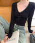 カップ付きトップス レディース Vネック ショート丈インナートップス 小花柄と無地 リブTシャツ おしゃれ 細見えトップス 可愛い肌着 レースリボントップス 春秋 92DQSZZ-001