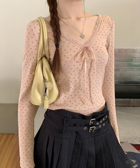 カップ付きトップス レディース Vネック ショート丈インナートップス 小花柄と無地 リブTシャツ おしゃれ 細見えトップス 可愛い肌着 レースリボントップス 春秋 92DQSZZ-001
