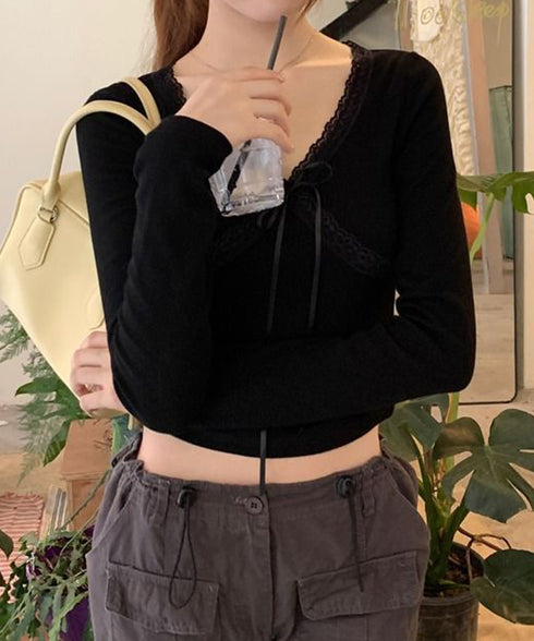 カップ付きトップス レディース Vネック ショート丈インナートップス 小花柄と無地 リブTシャツ おしゃれ 細見えトップス 可愛い肌着 レースリボントップス 春秋 92DQSZZ-001