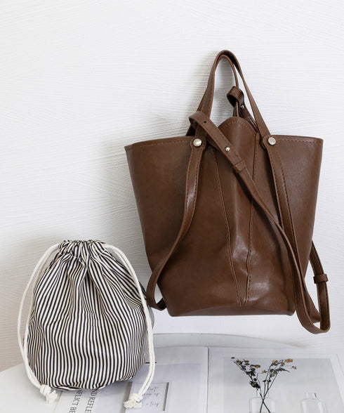 レトロバケットバッグ巾着ポーチ2点セット ショルダーバッグ 3wayミニトートレディース 通学通勤 きれいめフェイクレザーバッグ 大人上品肩掛けバッグ 斜め掛け鞄 92DRSP-001