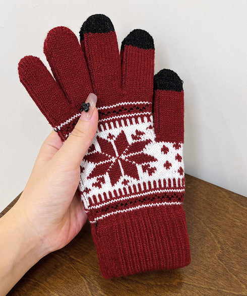 ノルディック柄手袋 スマホ対応暖かい手袋 レディース 北欧風ジャガード手袋 冷え対策リブ編み手ぶくろ 通勤通学大人可愛い毛糸手袋 アウトドア 5本指ニットグローブ 92DXZZ-001