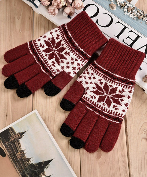 ノルディック柄手袋 スマホ対応暖かい手袋 レディース 北欧風ジャガード手袋 冷え対策リブ編み手ぶくろ 通勤通学大人可愛い毛糸手袋 アウトドア 5本指ニットグローブ 92DXZZ-001