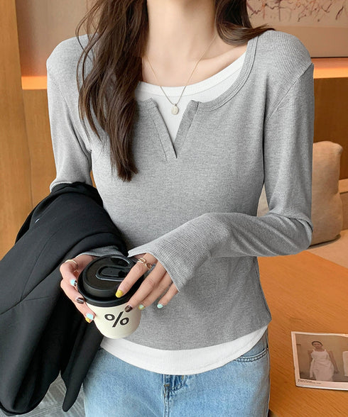 レイヤード風Tシャツ スリットネック秋服 レディース 重ね着風 カットソー 大人カジュアル 細見えTシャツ シンプル ストレッチフィット インナートップスおしゃれ 92EZ-001